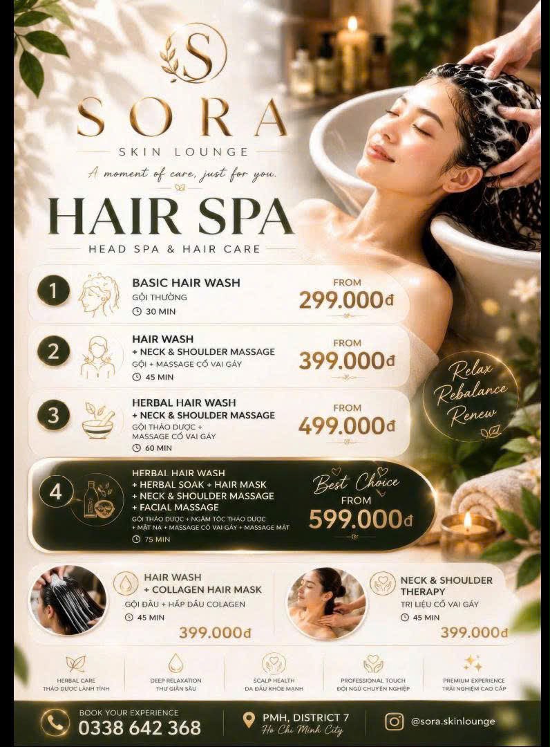 Hair Spa menu — herbal hair wash and head spa at Sora Skin Lounge