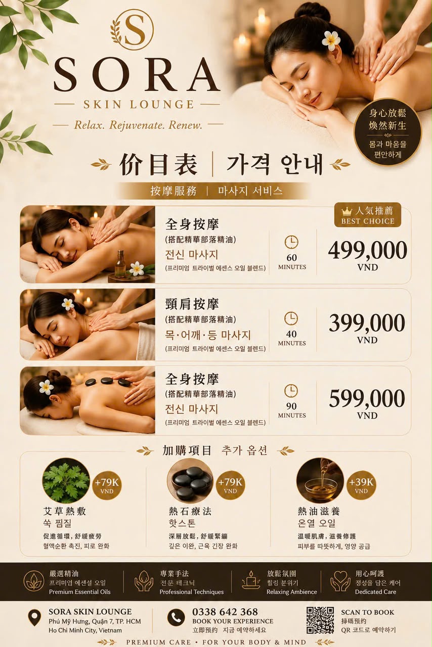 Massage menu at Sora Skin Lounge